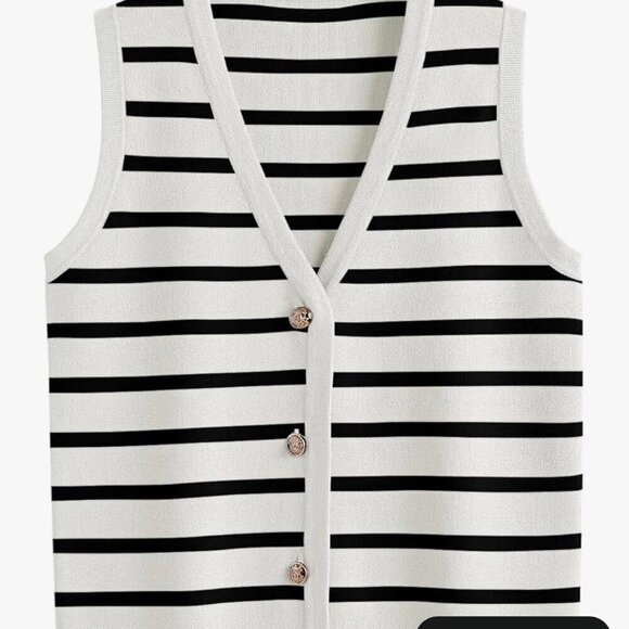 LILLUSORY Sweaters - LILLUSORY Black & White Striped Knit Vest – Gold Buttons | Size XL | New